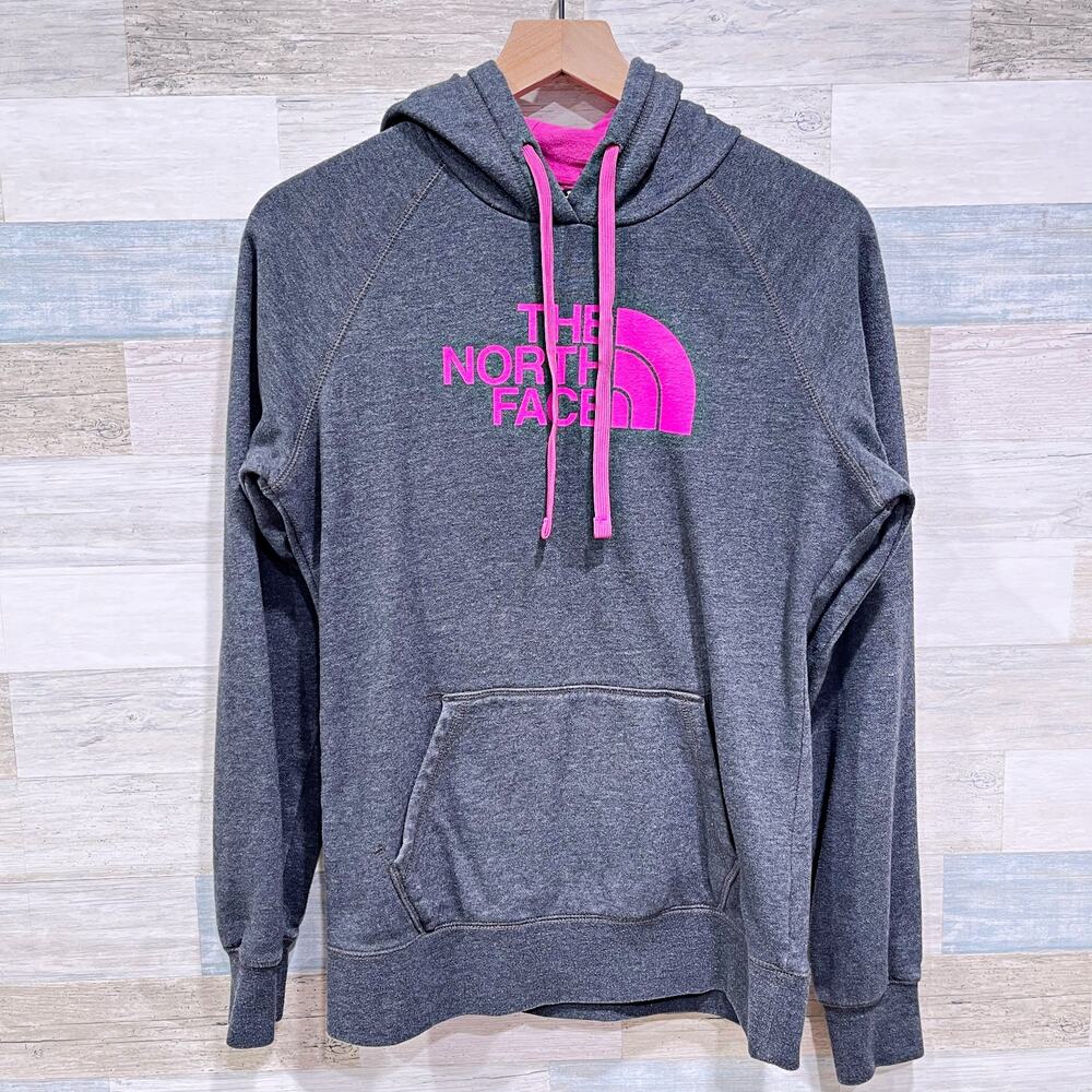 The North FacePullover Logo Hoodie Sweatshirt Gray Kangaroo Pocket Womens Medium